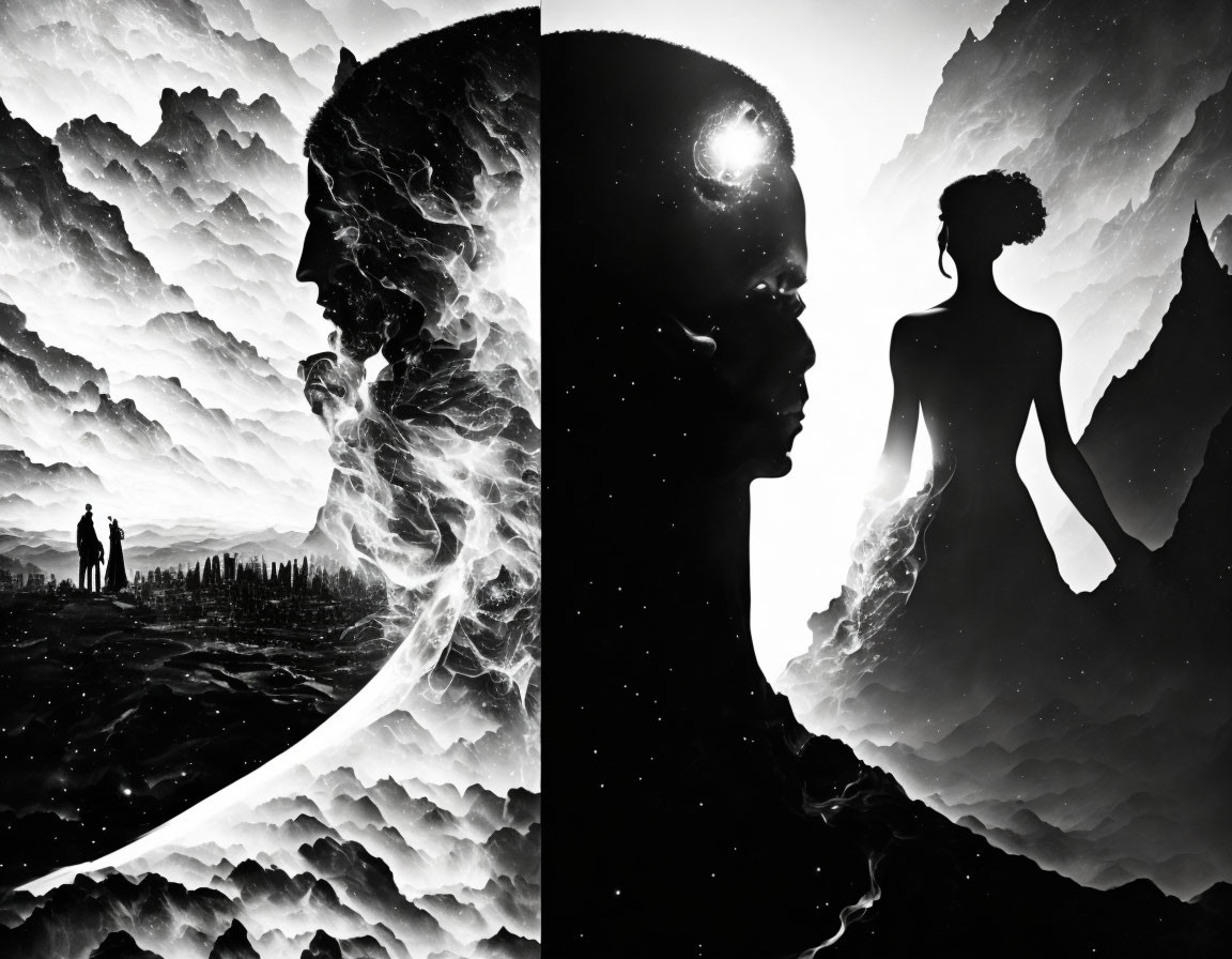 Abstract monochrome artwork: silhouetted figures in cloud-like forms with African features on starry