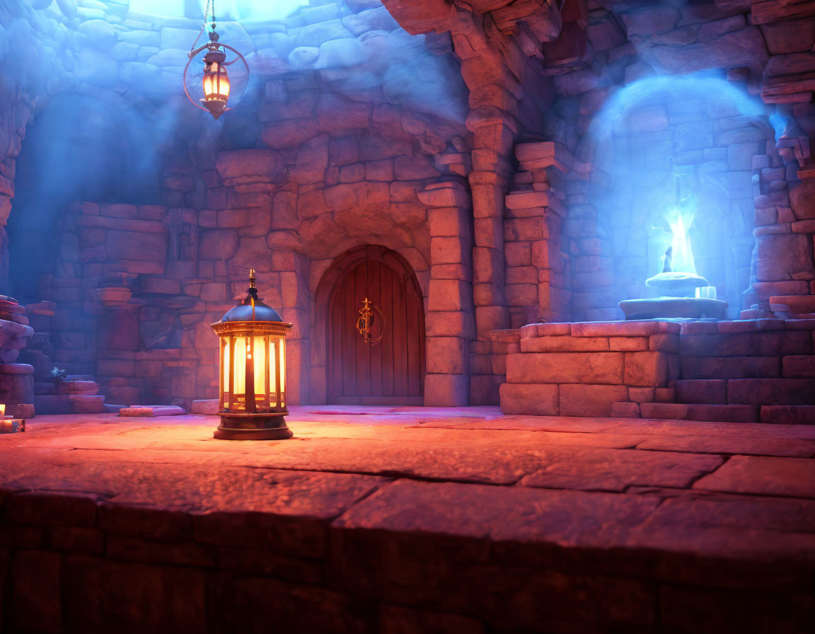 Mystical underground chamber with stone walls and glowing crystal pedestal