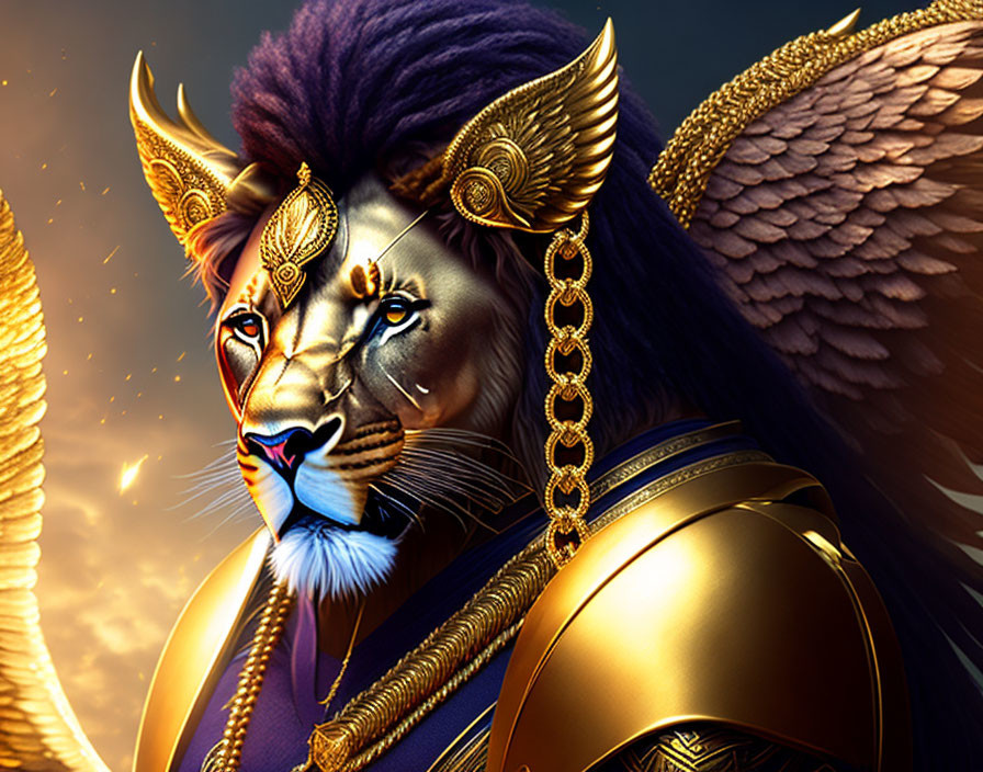 Winged lion in golden armor and headgear on warm backdrop