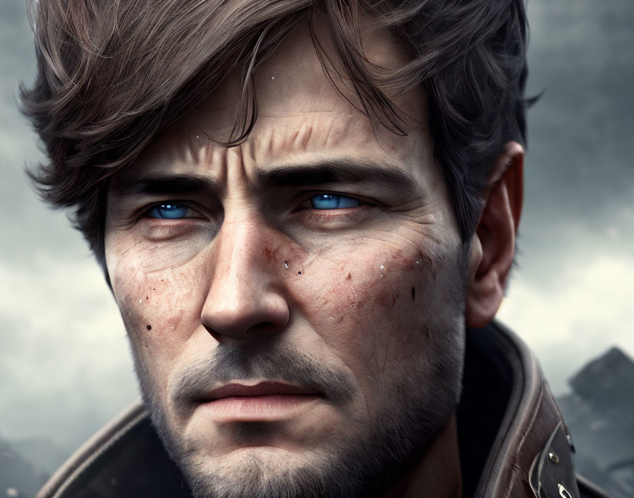 Man with Intense Blue Eyes and Brown Hair Portrait in Digital Art