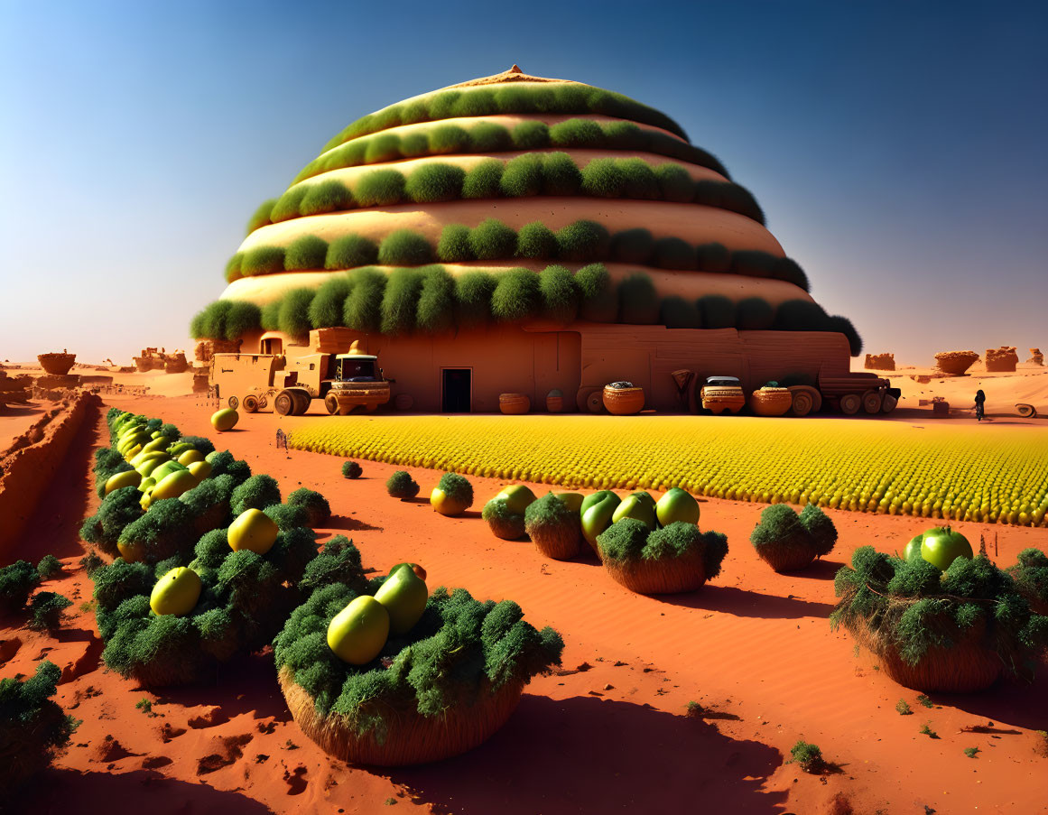 Surreal landscape with large dome, oversized lemons, small buildings, and vehicles in desert setting