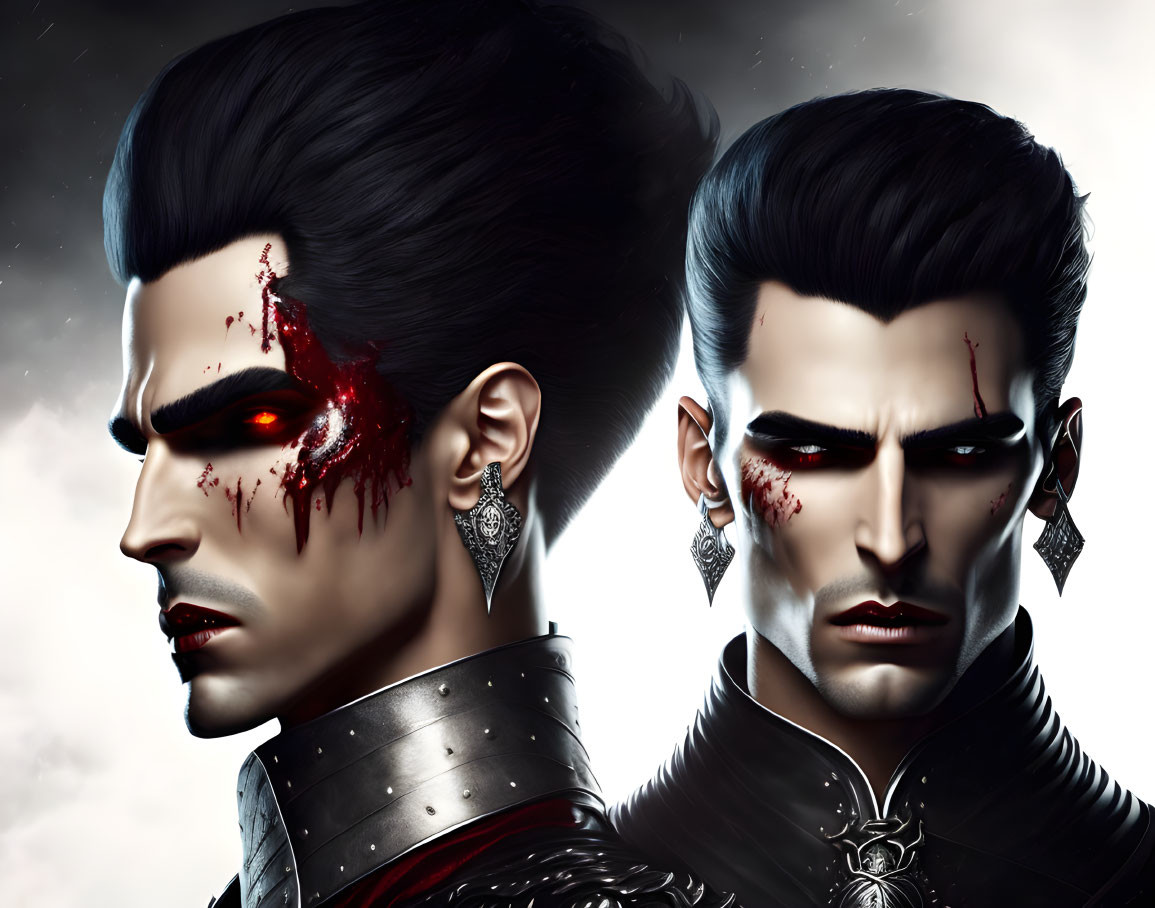 Stylized male characters with slicked-back hair and dark attire