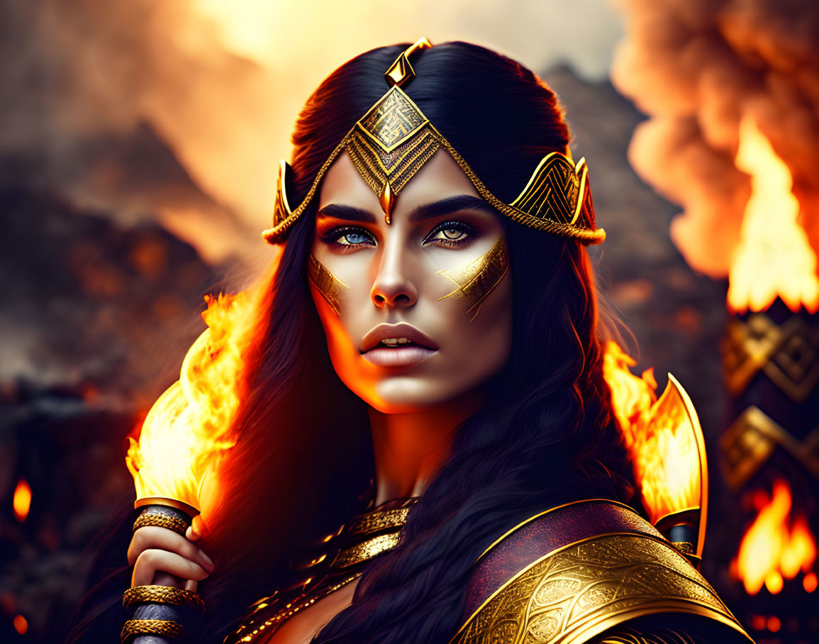 Warrior woman in golden armor against fiery battle backdrop