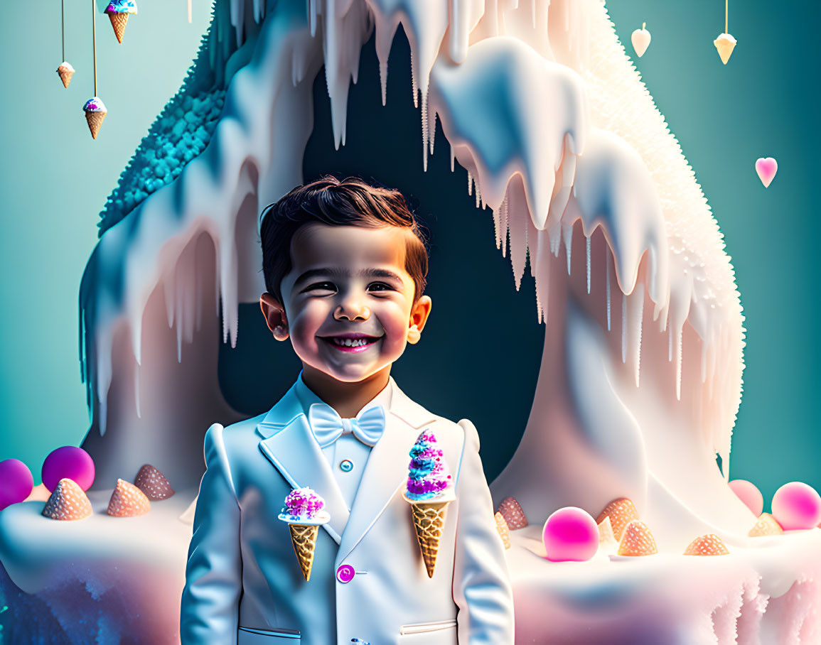 Young boy in white suit in whimsical ice cream landscape