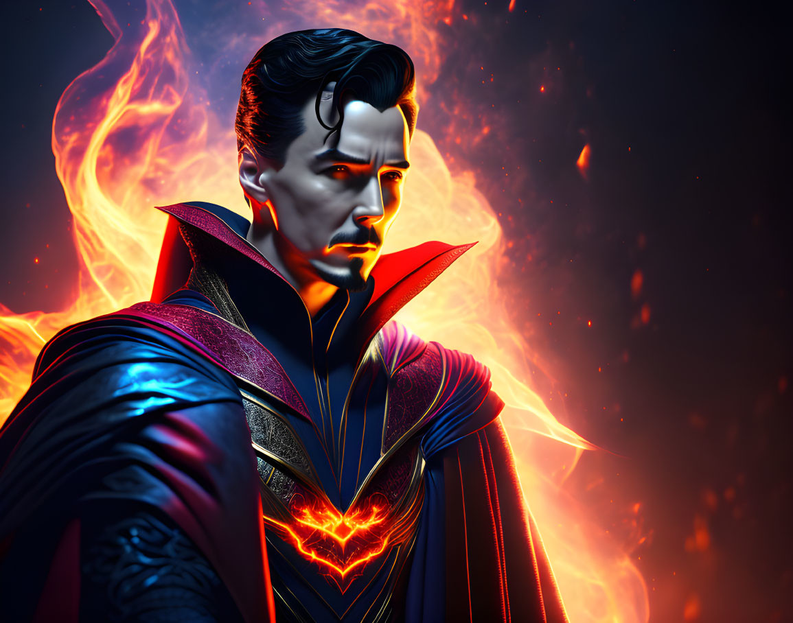 Doctor Strange digital artwork with flaming background and magical symbols