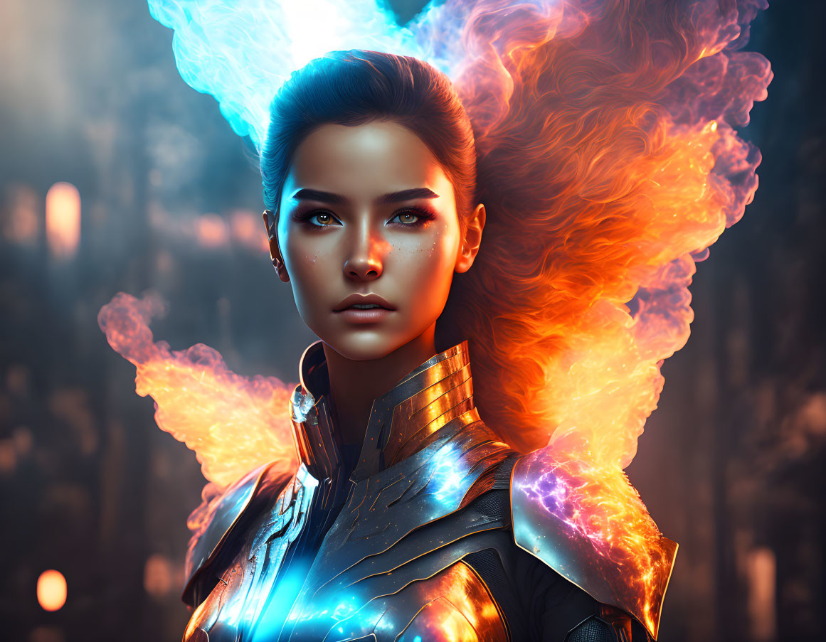 Digital artwork: Woman in futuristic armor with blue and orange flames in mystical forest