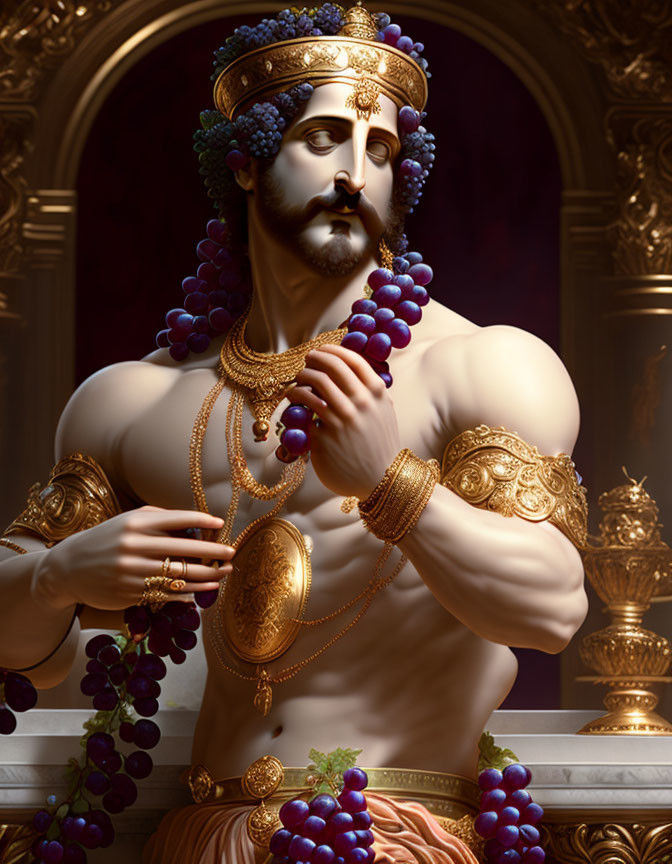 Ancient royalty depicted with grape clusters and golden jewelry