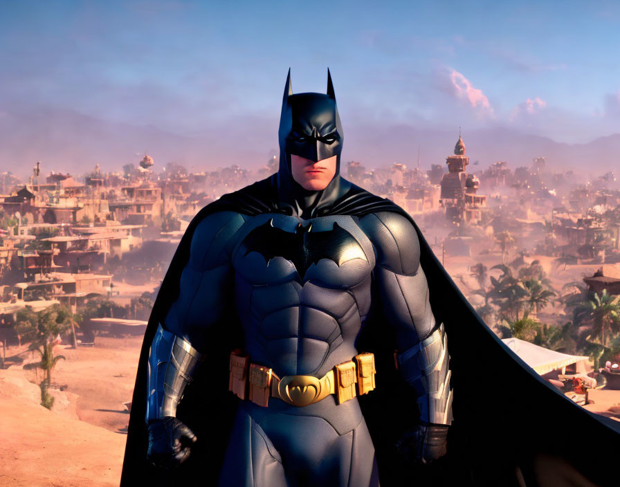 CGI Batman standing in desert cityscape with warm lighting