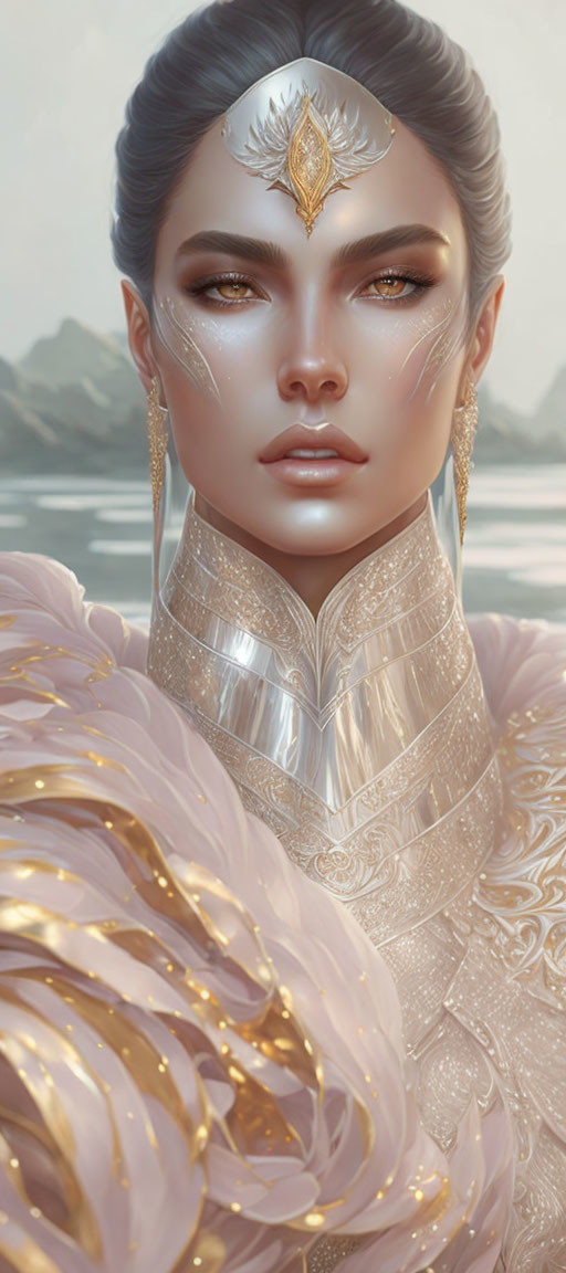 Regal woman in silver armor with golden leaf design and pink ruffles.