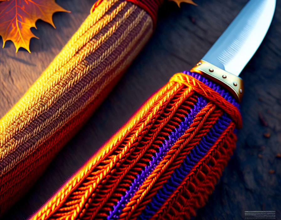 Colorful Decorative Knife Sheath Close-Up with Autumn Leaves on Wood