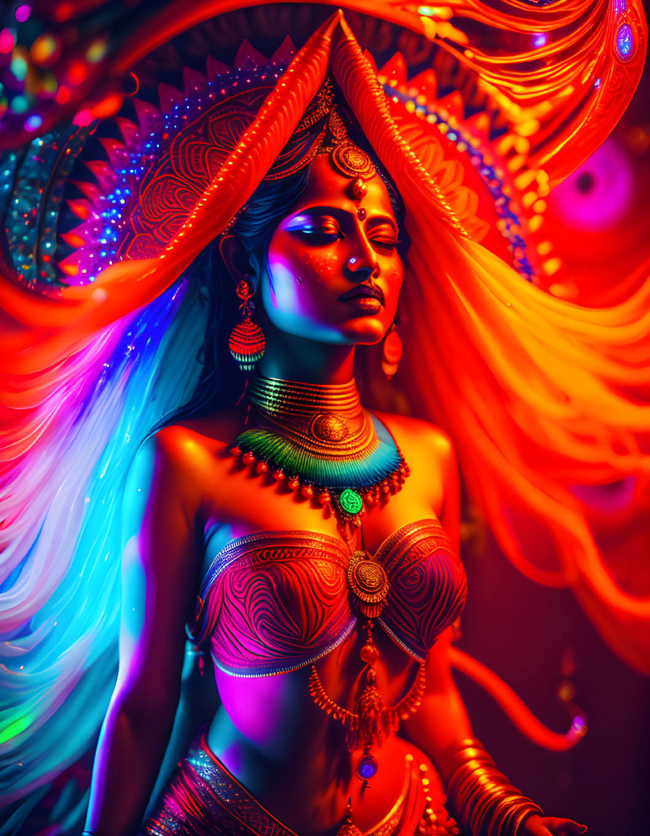 Colorful digital artwork of a woman adorned with gold jewelry, glowing in warm red, orange, and