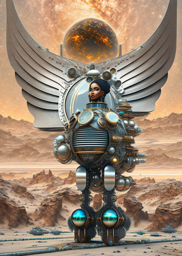 Futuristic mechanized being with human face and wings in desert landscape