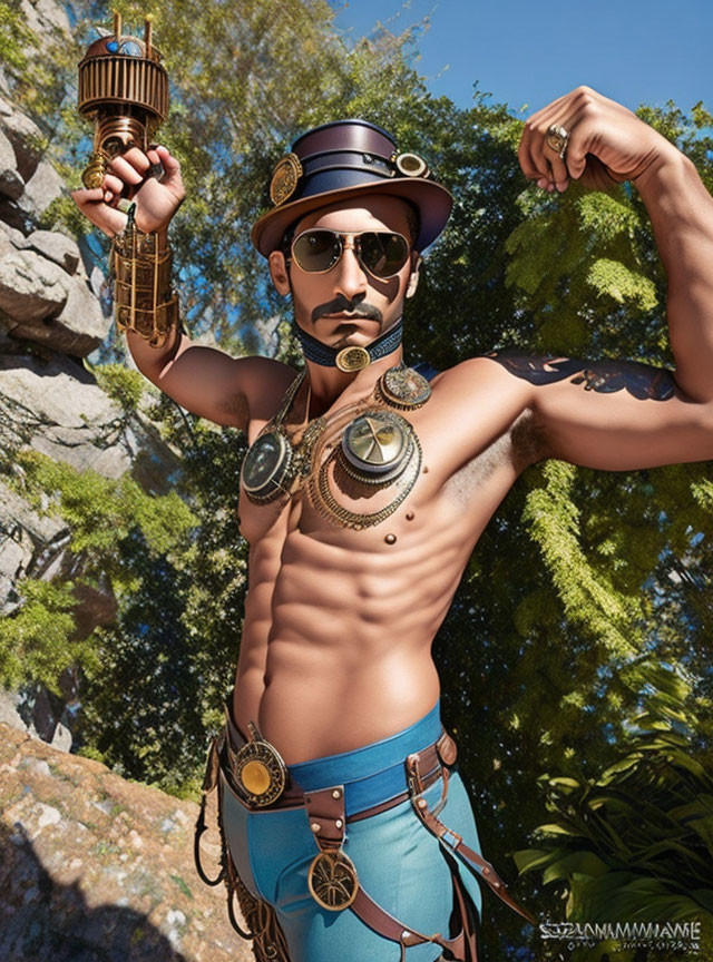 Steampunk-themed character with goggles, top hat, and lantern in rocky setting.