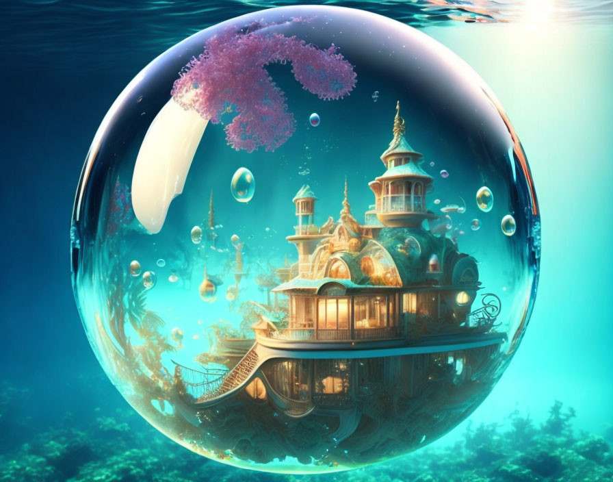 Ornate underwater structure in transparent bubble amidst vibrant ocean background