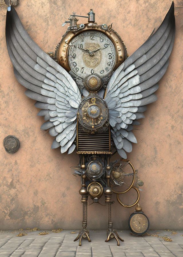 Steampunk-style clock with mechanical wings and ornate gears on textured wall