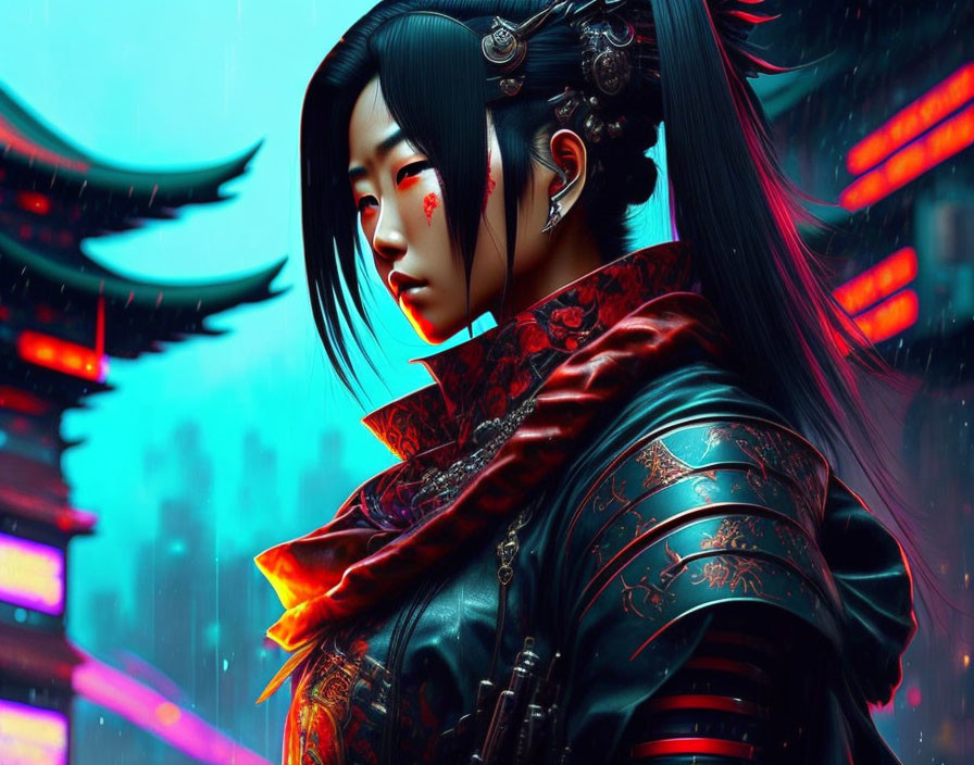 Digital artwork: Woman in Asian armor with intricate hairstyle in cyberpunk cityscape