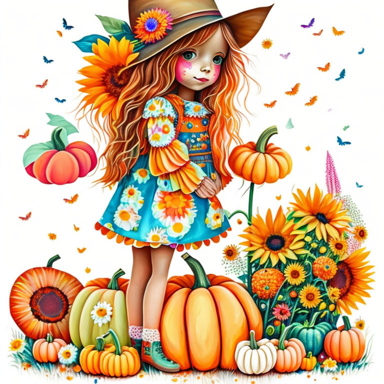 Illustrated girl with sunflowers, pumpkins, floral dress, witch's hat, and autumn motifs