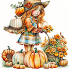 Illustrated girl with sunflowers, pumpkins, floral dress, witch's hat, and autumn motifs