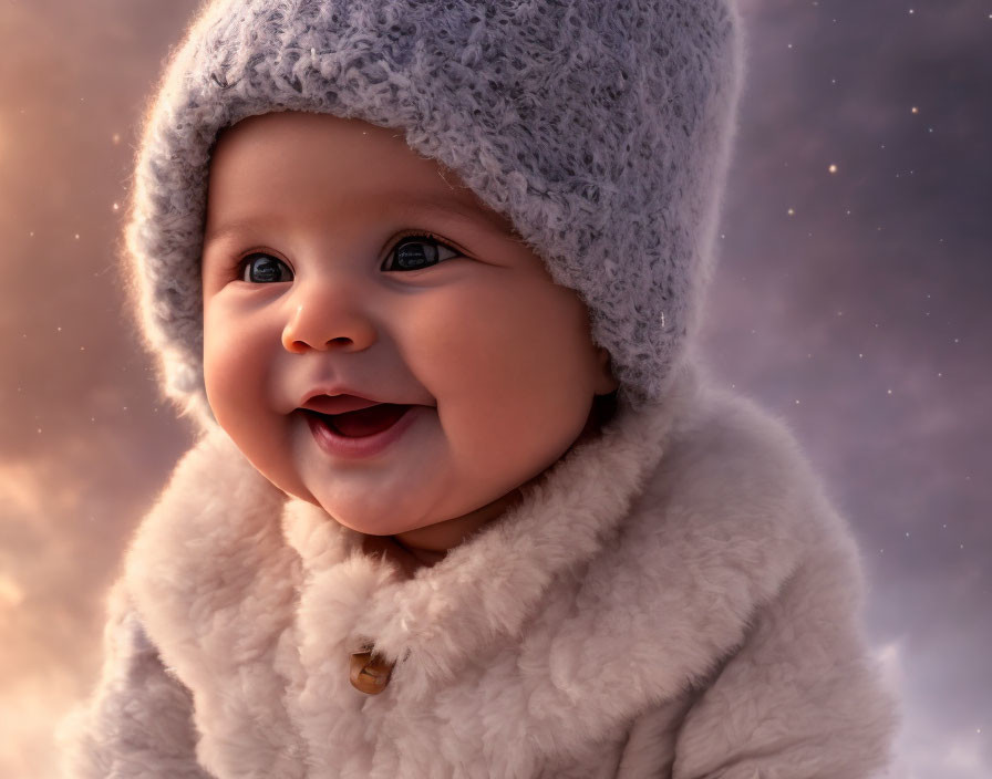 Smiling Baby in Grey Knitted Hat and White Coat under Twilight Sky