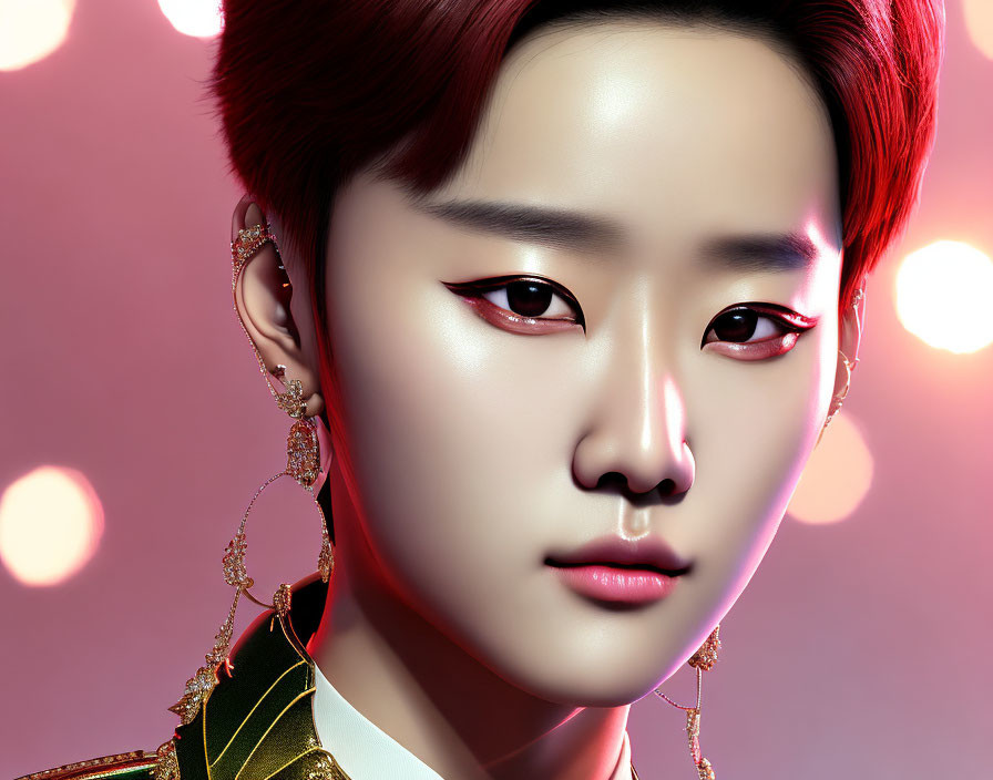 Close-up digital portrait: styled hair, red eyeshadow, eyeliner, ornate earrings on