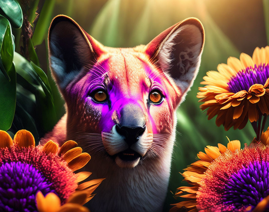 Vibrant pink and purple mountain lion with orange daisies in sunny setting