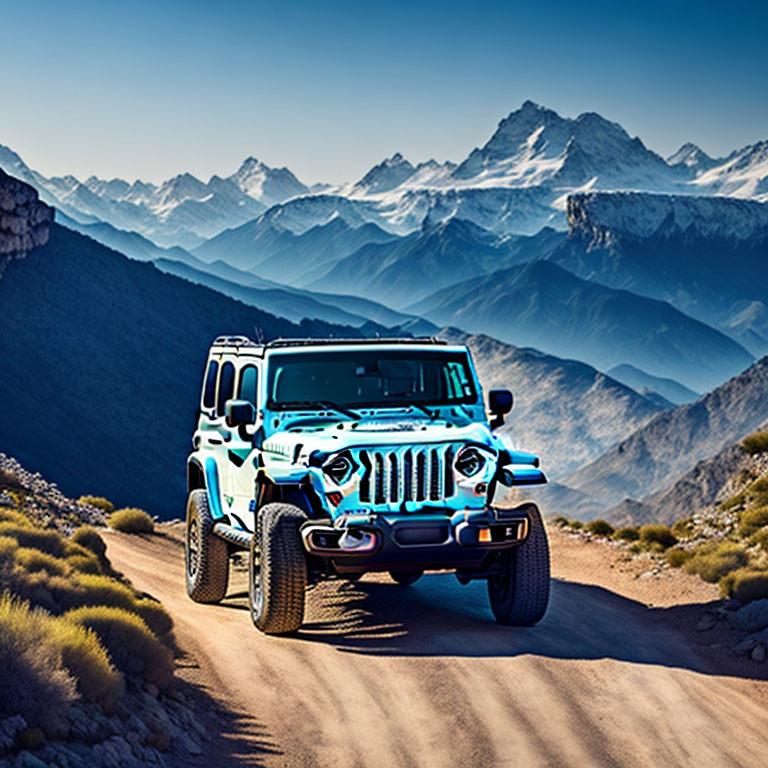 Blue Jeep on Mountain Road with Rugged Peaks and Clear Sky