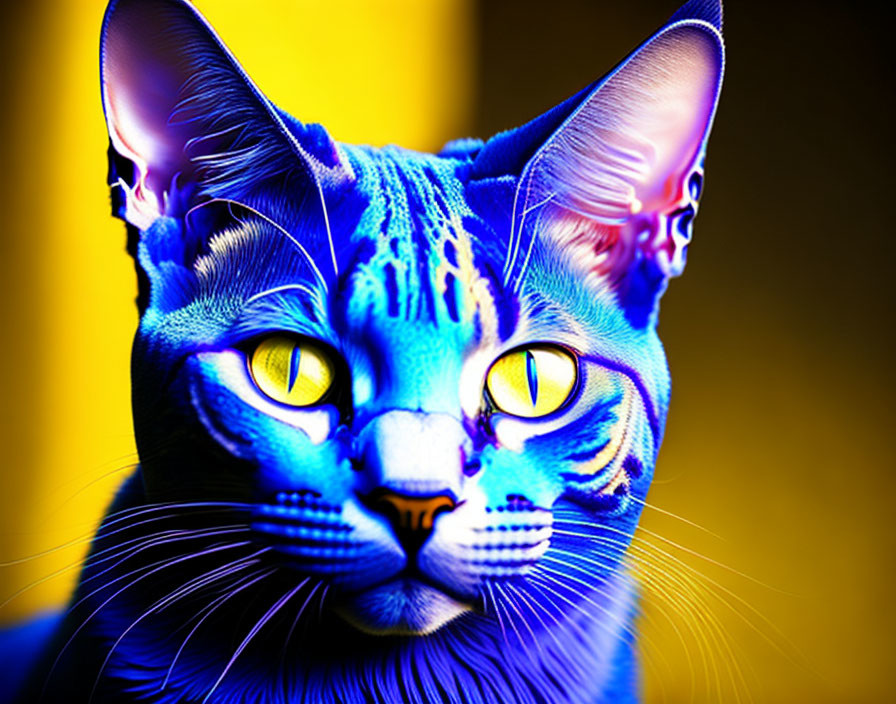 Vivid Blue Cat Art with Yellow Eyes on Yellow Background