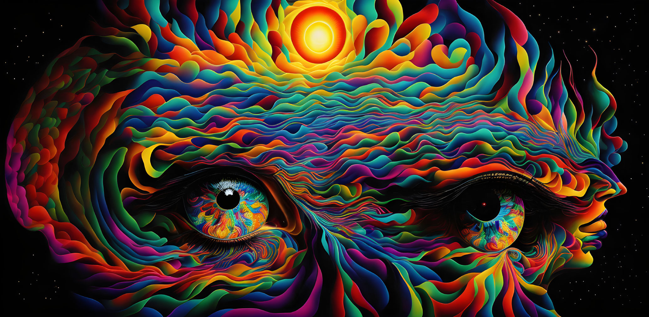 Colorful Psychedelic Artwork of Face with Flowing Contours and Starry Eyes