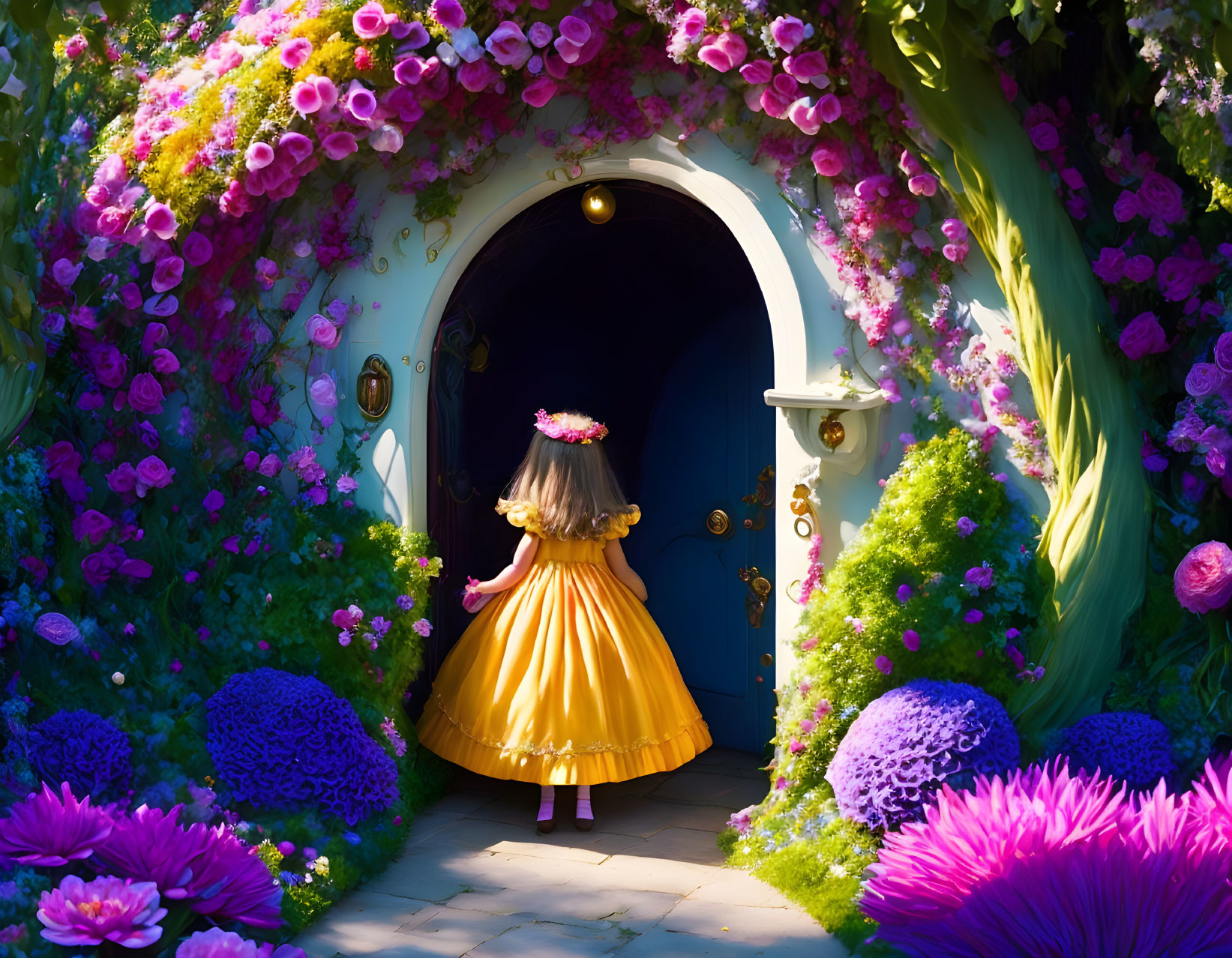 Young girl in yellow dress by blue doorway with colorful flowers