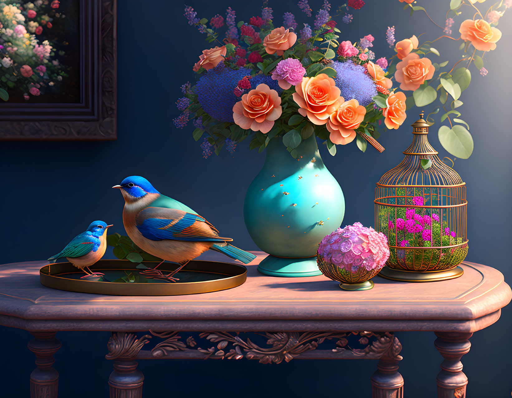 Colorful still life with bluebirds, flowers, birdcage, and pink sphere.