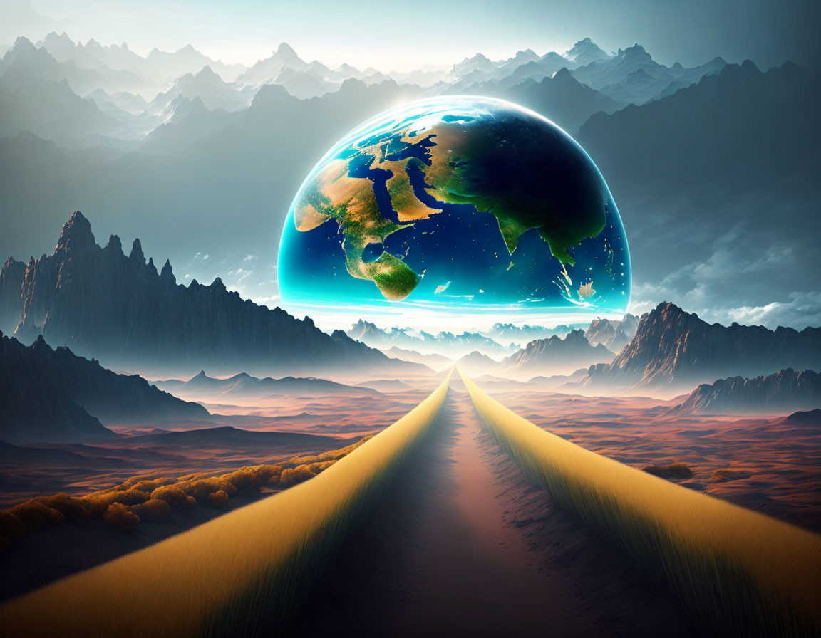 Surreal landscape with floating Earth over mountains