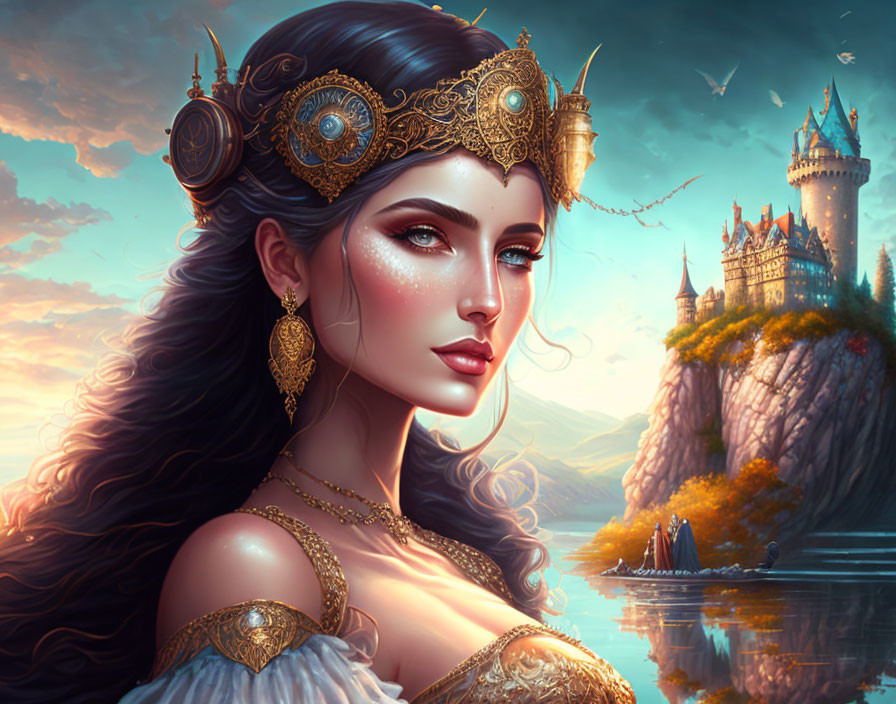 Fantasy portrait of woman with ornate headgear in front of cliff castle at sunset