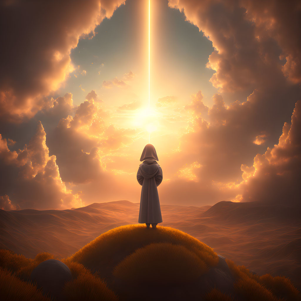 Robed figure gazes at sunbeam over golden landscape