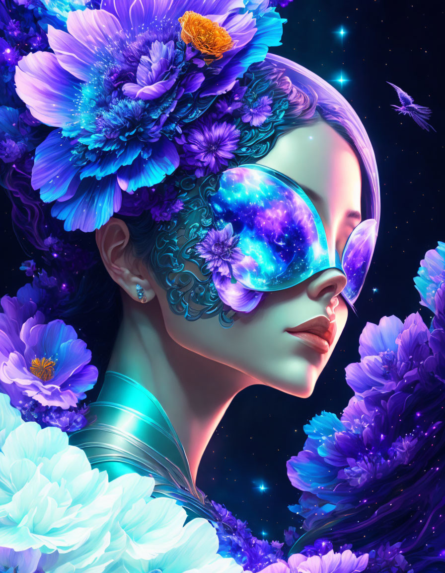 Cosmic-themed makeup woman with blue and purple flowers in hair against starry backdrop