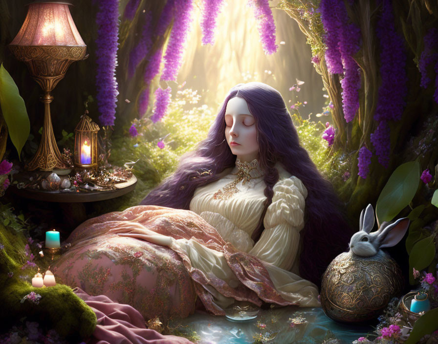 Fantastical scene: Woman with purple hair in lush forest with white rabbit