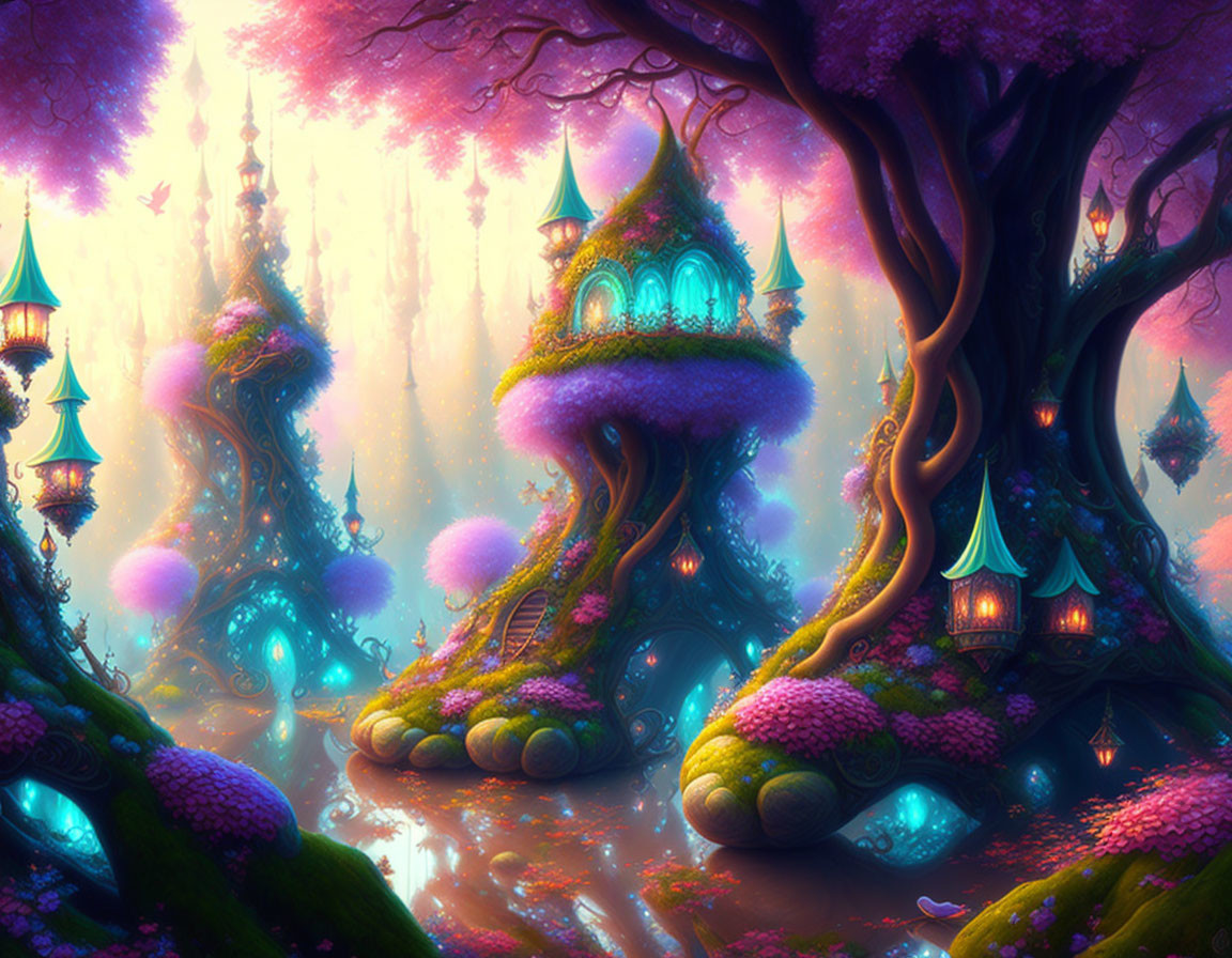 Fantasy landscape with whimsical treehouses and glowing orbs.