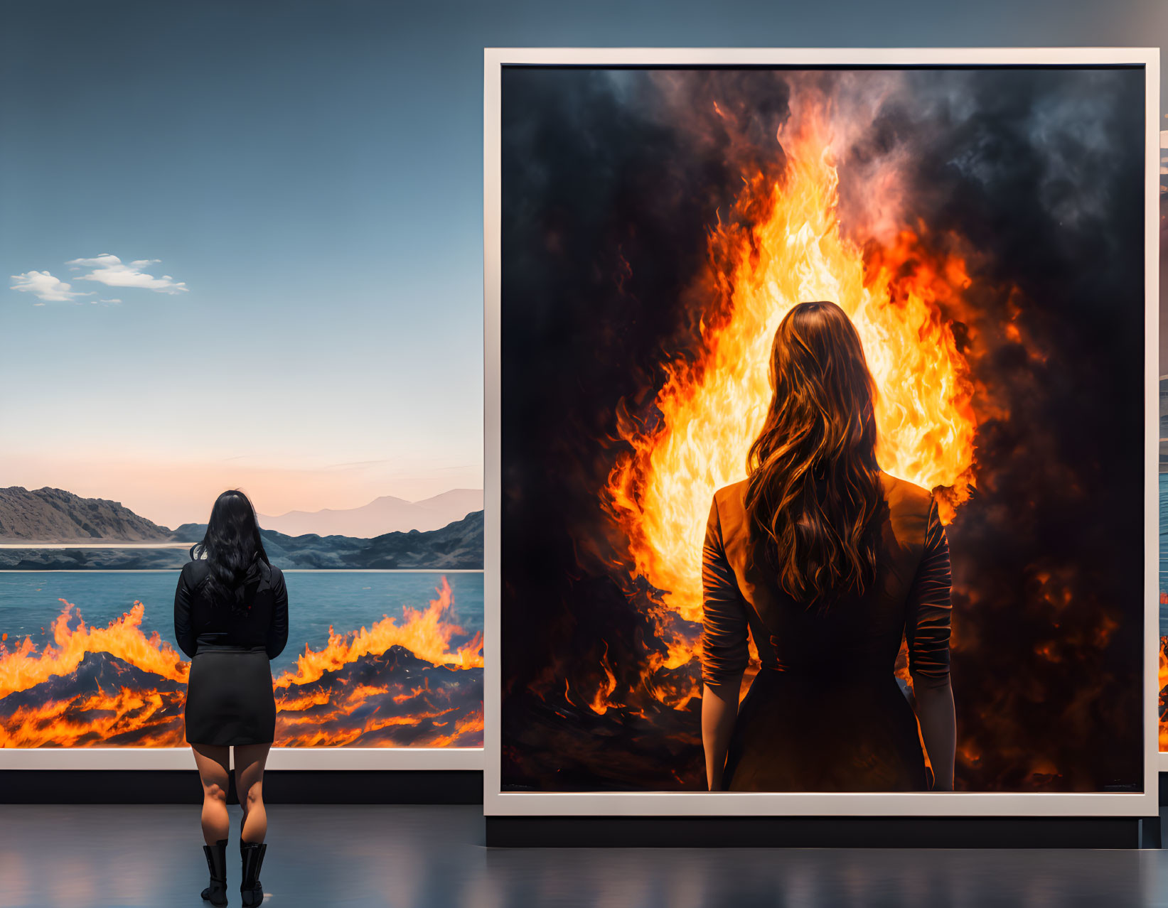 Large framed art piece of woman gazing into fiery landscape.