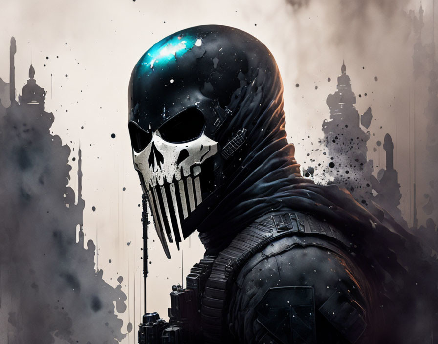 Character in Skull Helmet Against Futuristic Dark Towers