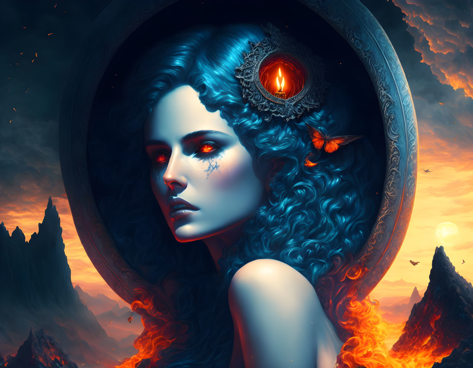 Fantastical portrait: Woman with blue hair, jeweled tiara, volcanic landscape.