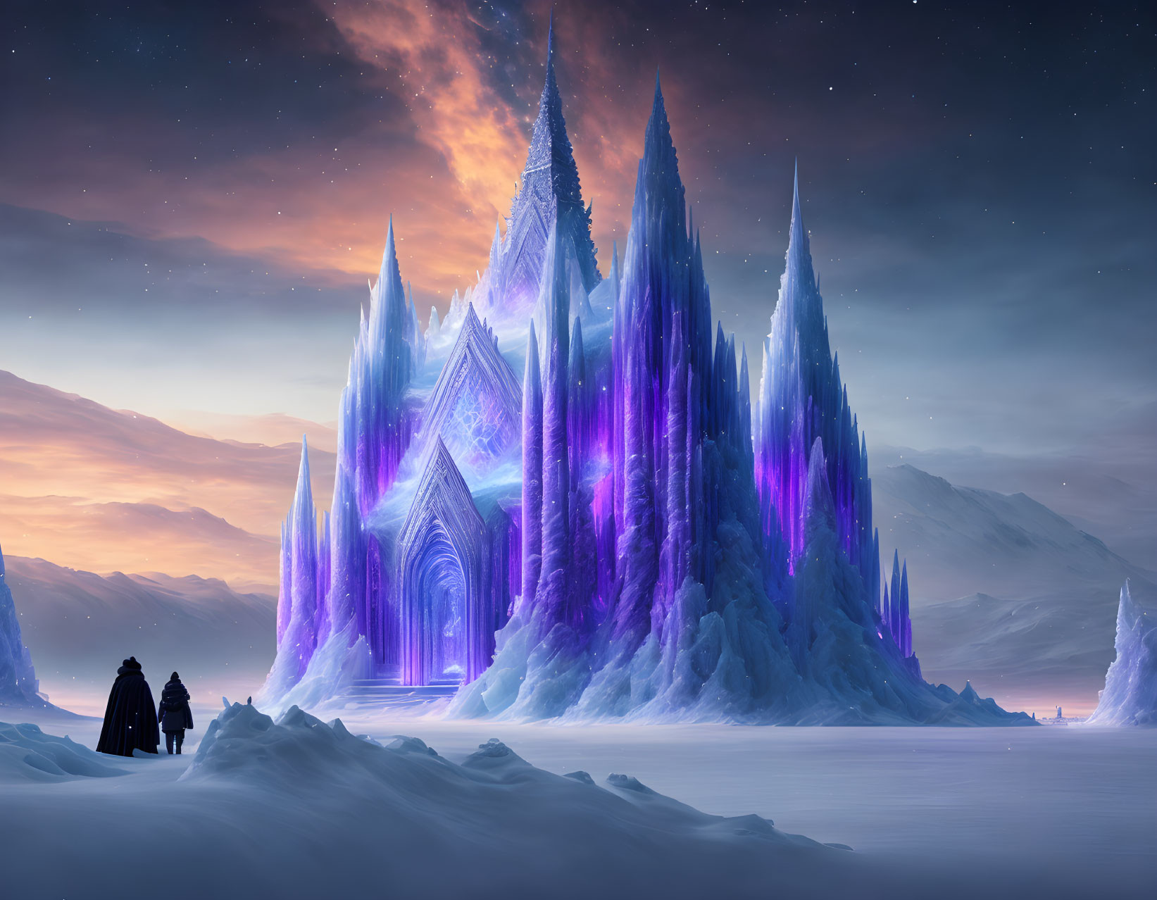 Icy landscape at dusk with crystal castle and cloaked figures