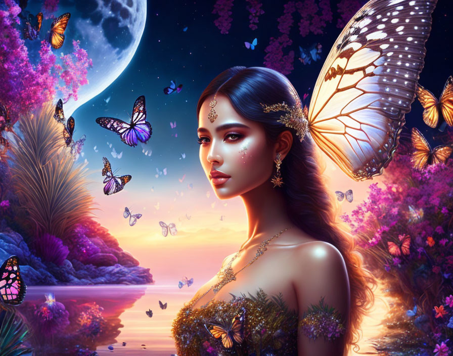 Colorful landscape with woman and butterflies in moonlit sky