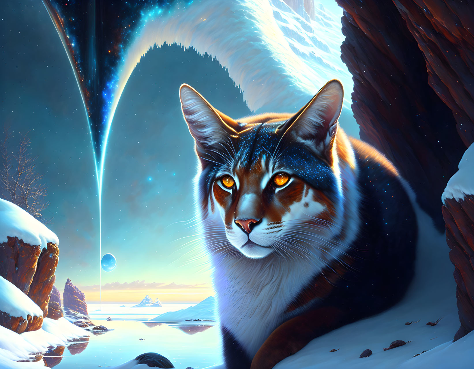 Majestic cat with cosmic fur in winter landscape with comet streaking across twilight sky