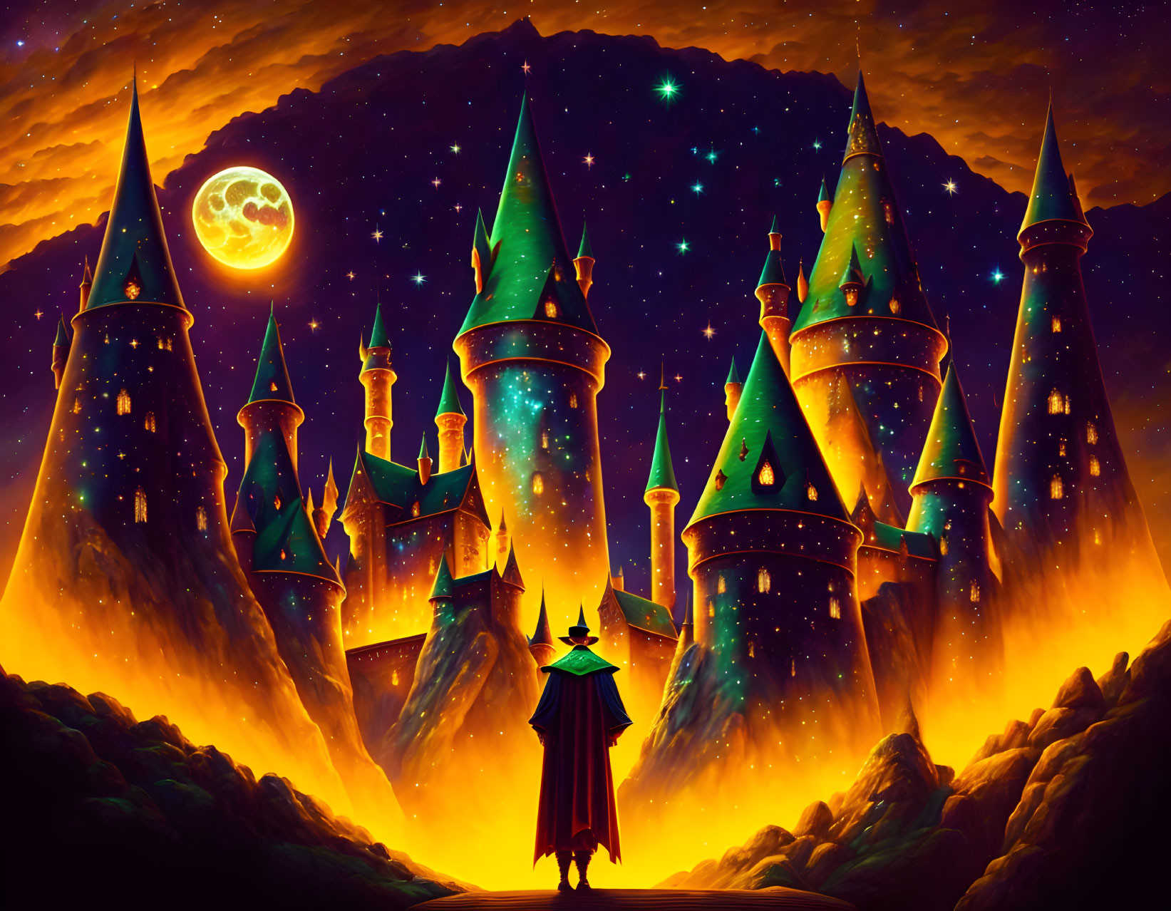 Enchanted castle under starry night with cloaked figure and full moon