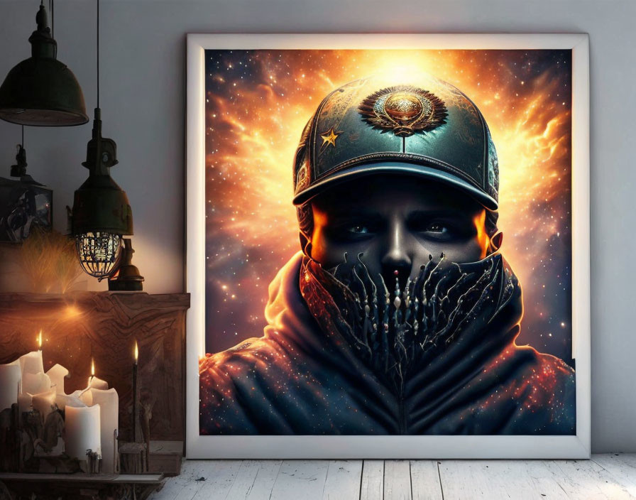 Framed artwork of person in cosmic setting with star hat and skeleton hands.