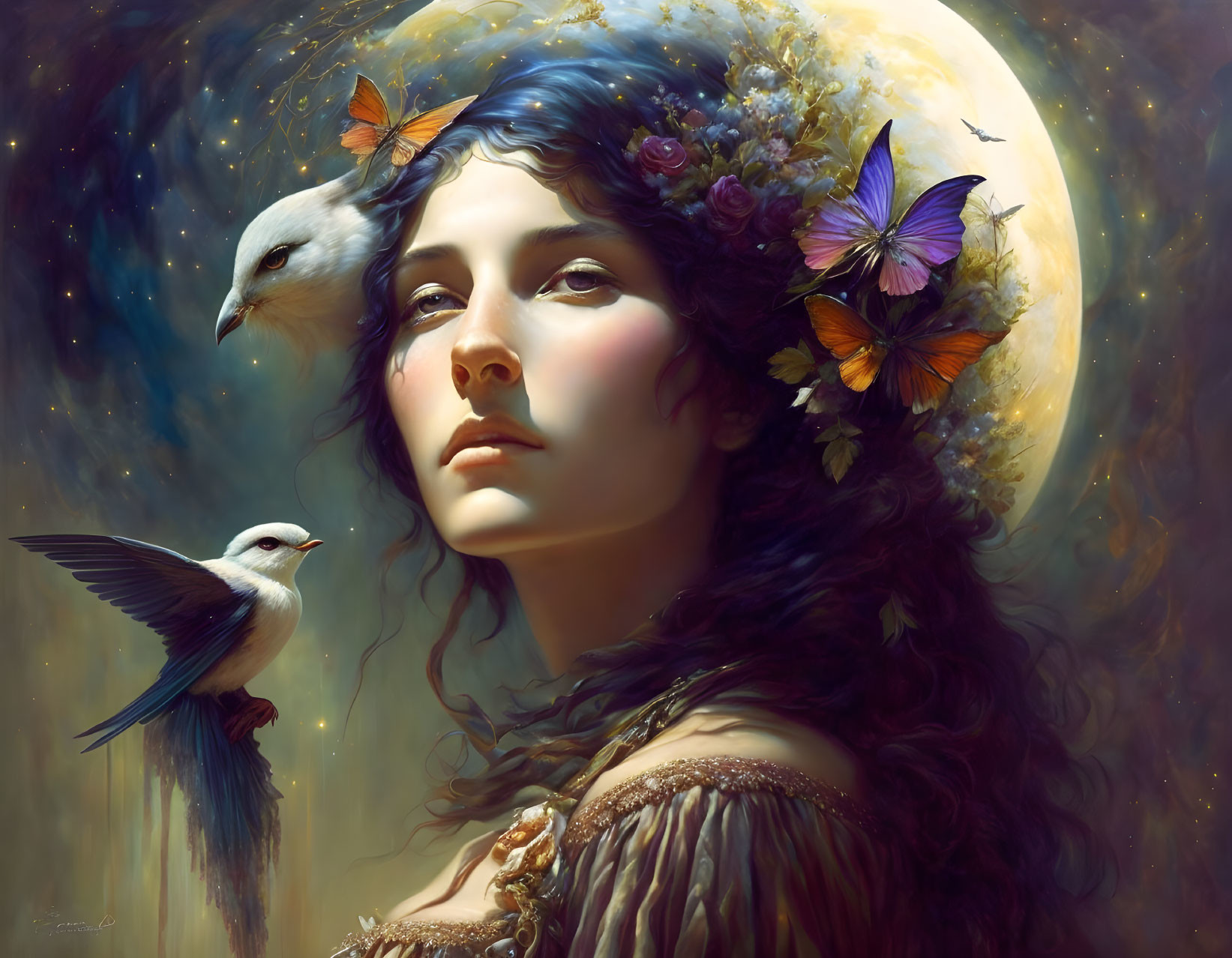 Fantasy portrait of woman with nature elements and moon.