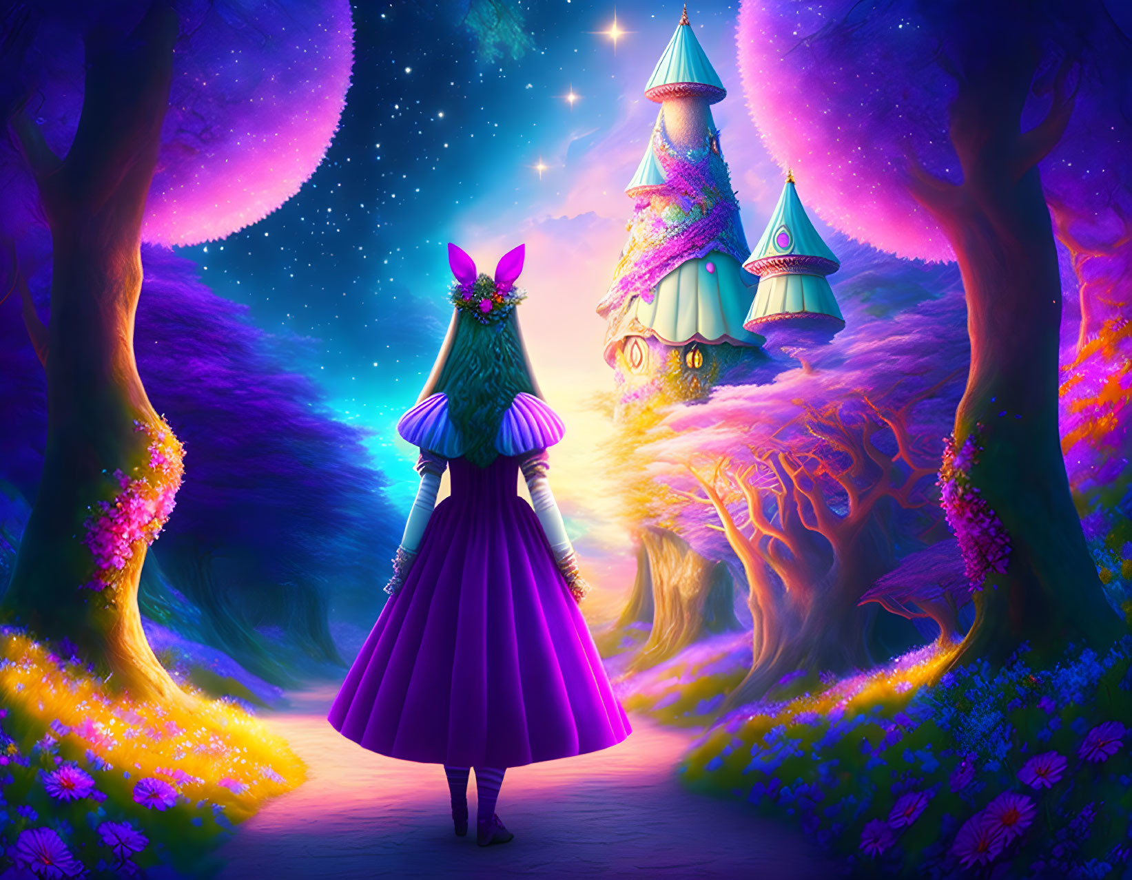 Person in Purple Dress and Floral Headpiece in Magical Landscape with Whimsical Trees and Glowing Flowers