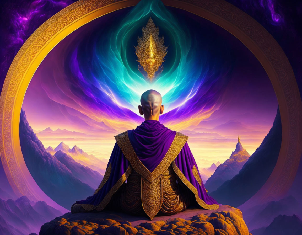 Bald figure in purple robes meditates by cosmic portal and emblem