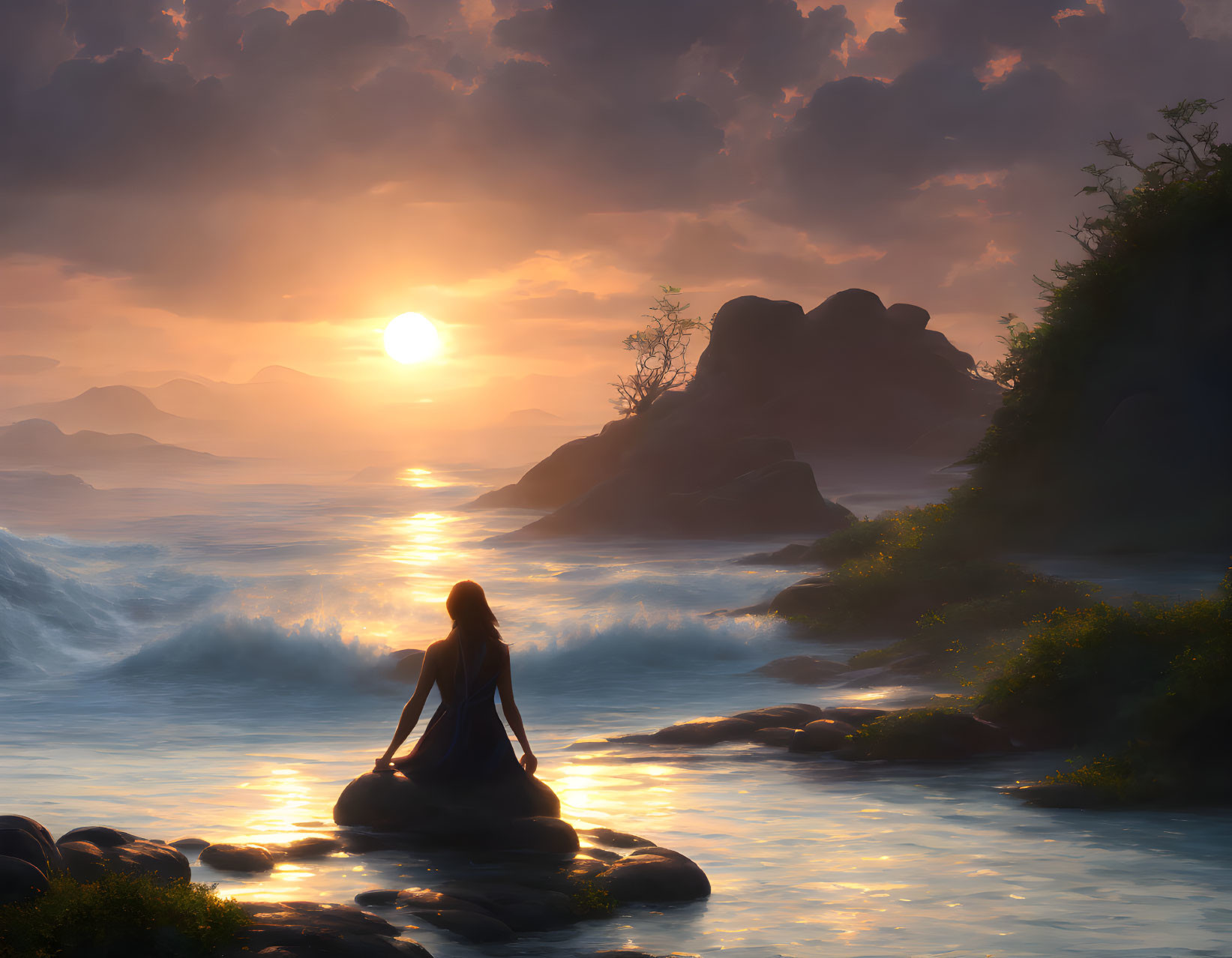 Tranquil sunset seascape with woman on rock, gentle waves, and misty mountains