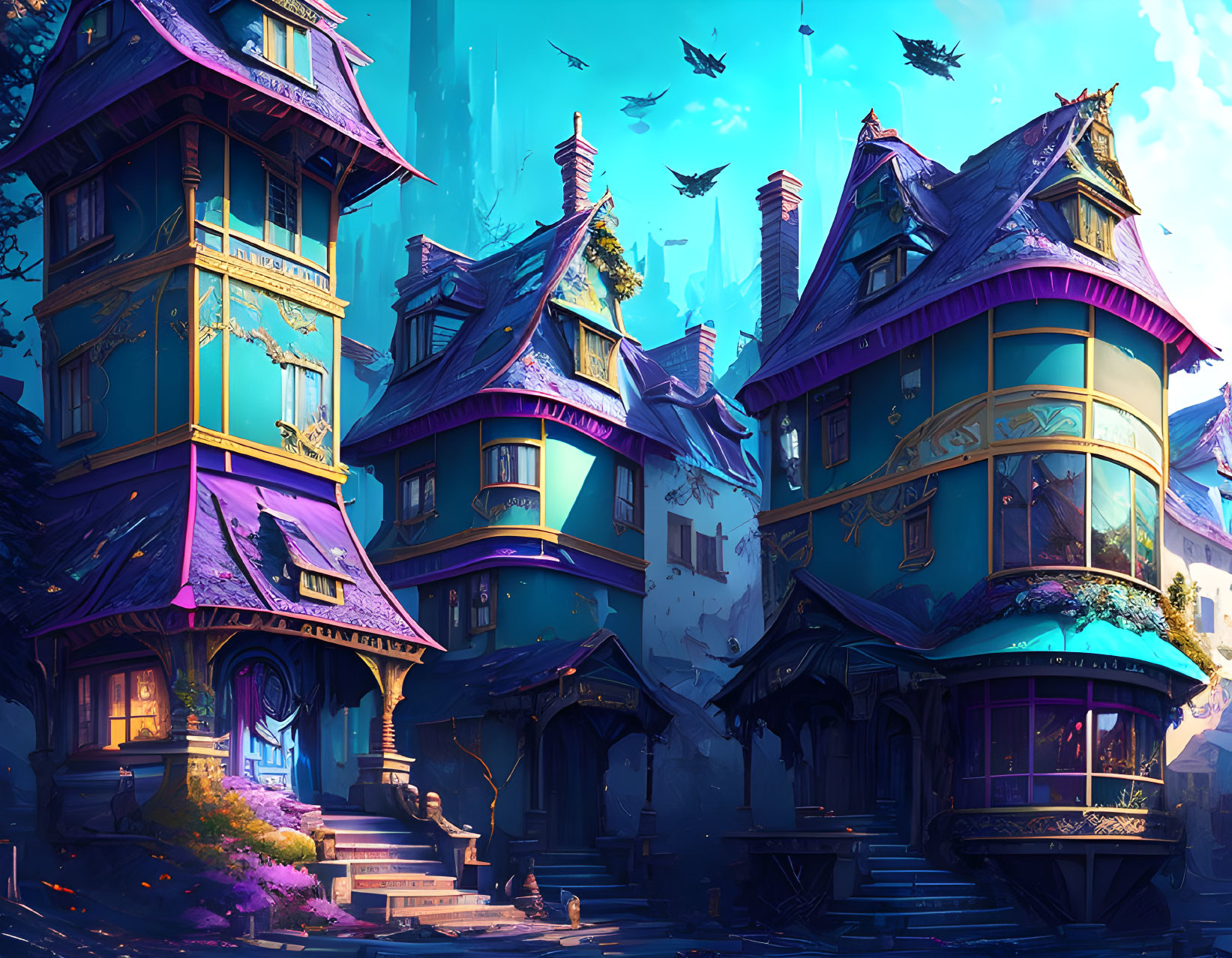 Whimsical Fantasy Buildings and Flying Creatures in Colorful Scene