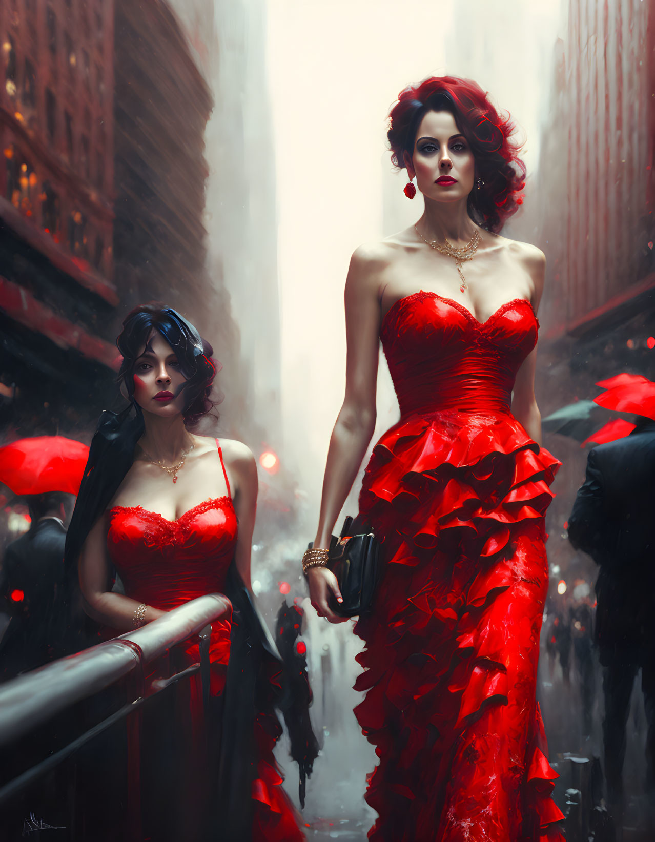 Two women in red gowns with umbrellas on rainy street surrounded by tall buildings